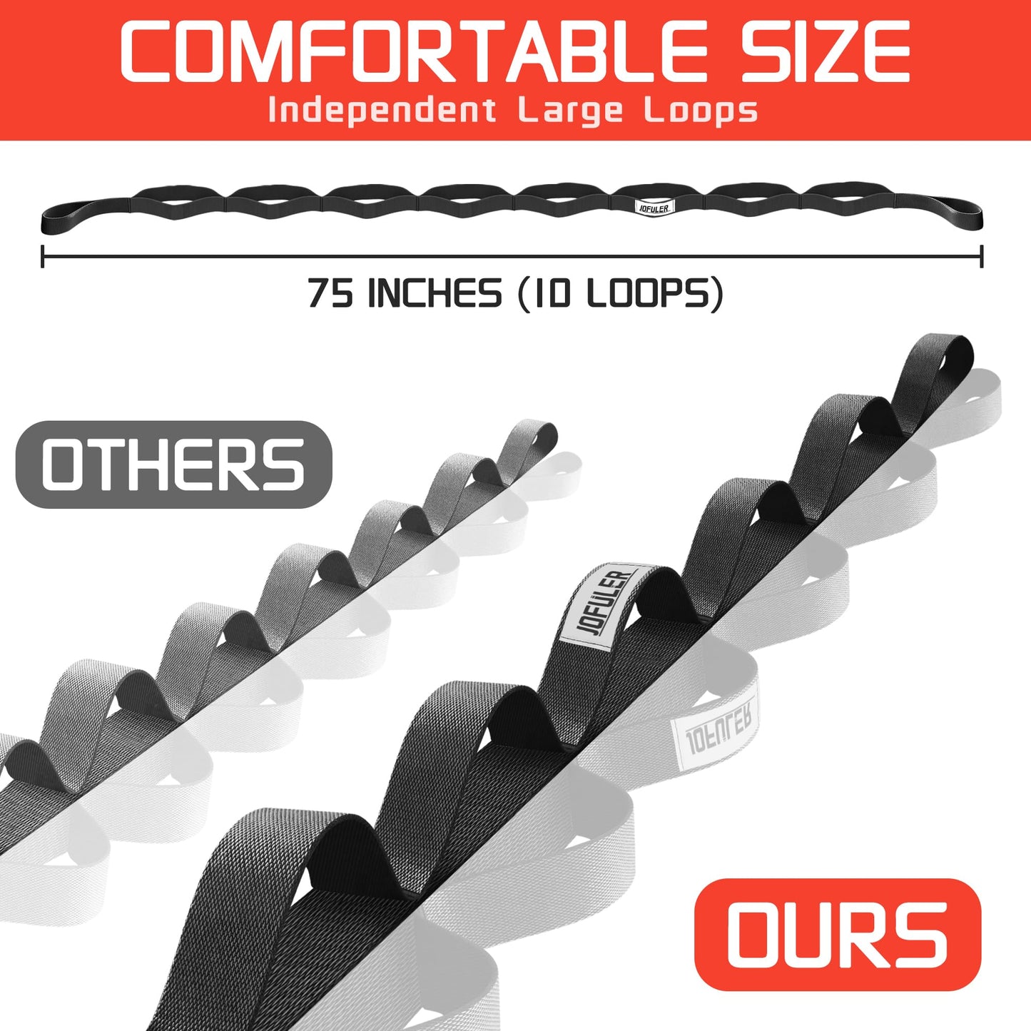Jofuler Stretching Strap for Physical Therapy and Home Rehab, 10 Loops Non-Elastic Yoga Strap for Hamstring, Calf and Back Stretching, Mobility, Exercise, Pilates, Flexibility