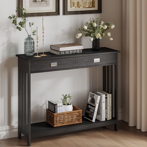 ChooChoo 39" Black Entryway Table with Drawer, Narrow Console Table with Storage Shelf, Sofa Table for Living Room, Entryway, and Hallway