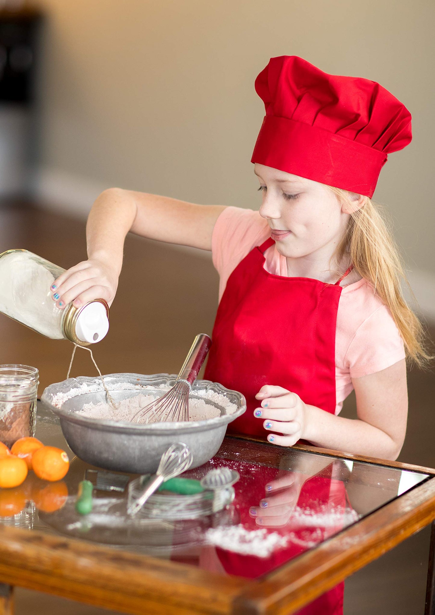 Tessa's Kitchen Club - Child's Chef Hat Apron Set, Children's Kitchen Cooking and Real Baking Wear Kit for Chefs in Training (Red, Med (6-12yr))