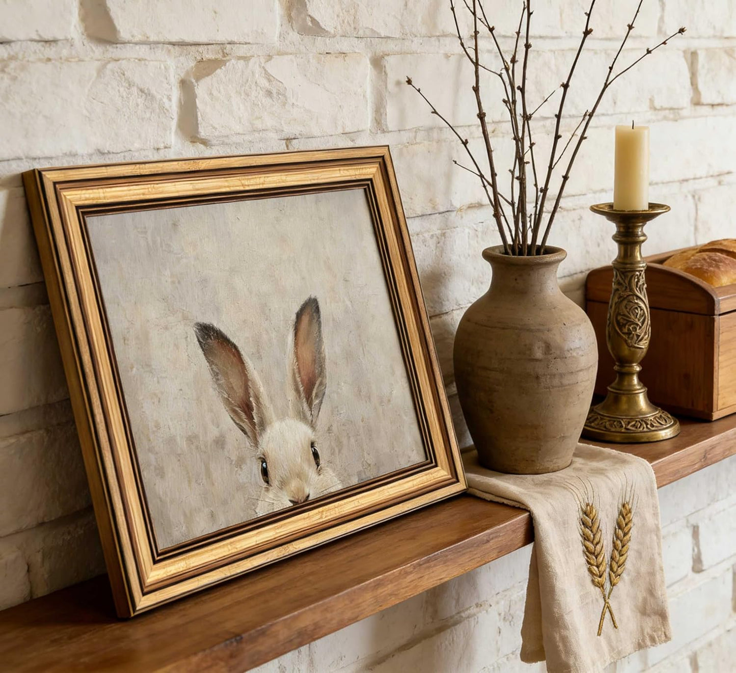 Regine Switzerland Vintage Gold Framed Bunny Canvas Wall Art - Rustic Rabbit Oil Painting 9x11in