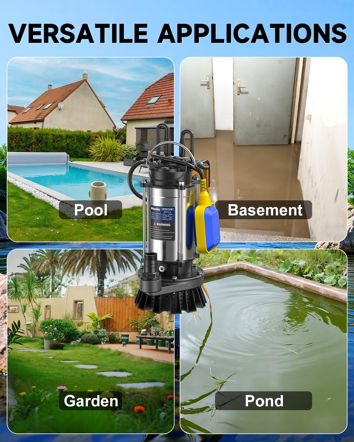 Meniio 1.5HP Submersible Sump & Utility Pump, Stainless Steel Water Pump with Float Switch, High Flow 4370 GPH, 49 ft Max Head, for Basement Drainage, Irrigation, Pool, Garden Pond