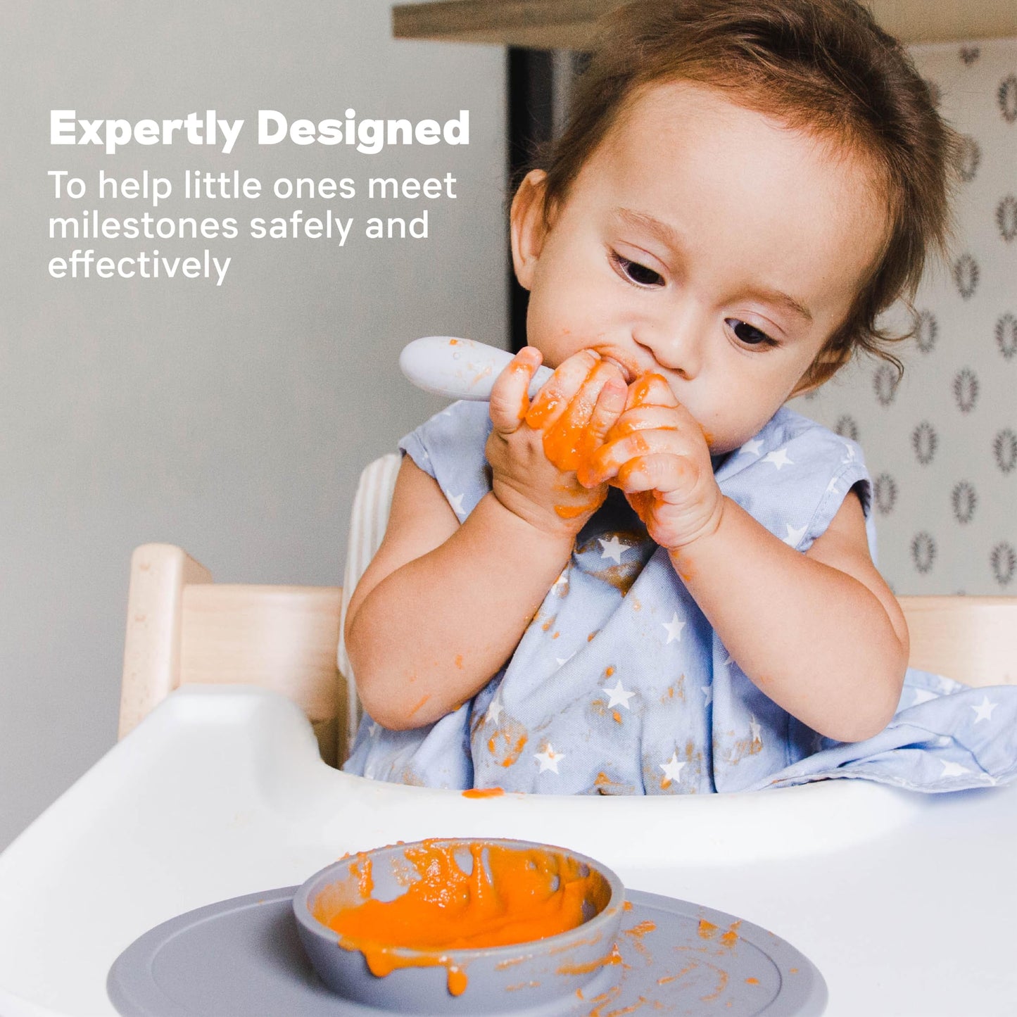 ezpz Tiny Cup (Pewter) + Tiny Spoon (2 Pack in Pewter) - baby essentials, cup and spoon
