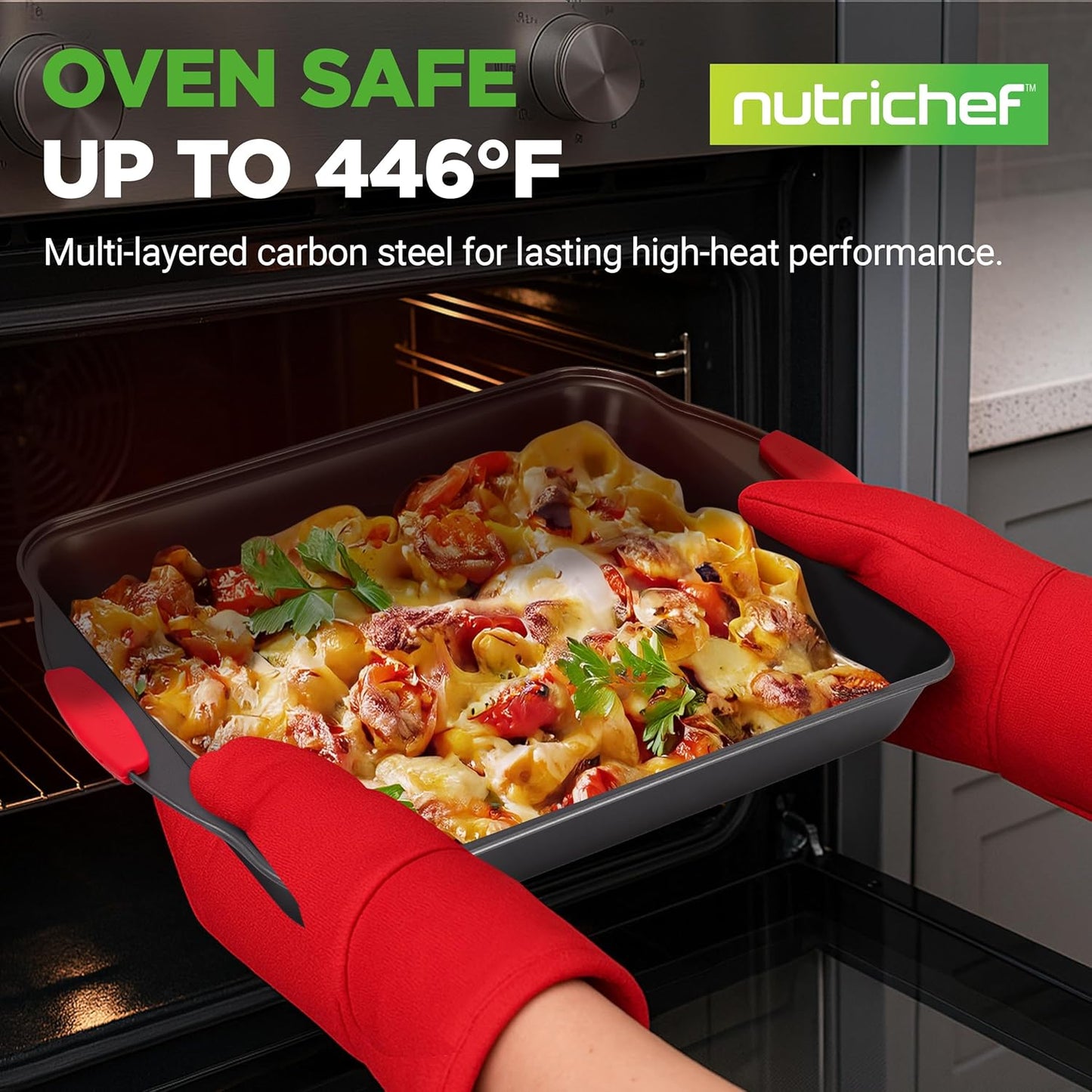 NutriChef Non-Stick Baking Pans Set - Deluxe Commercial Grade Bakeware with Red Silicone Handles | 8 Piece Gray Coating