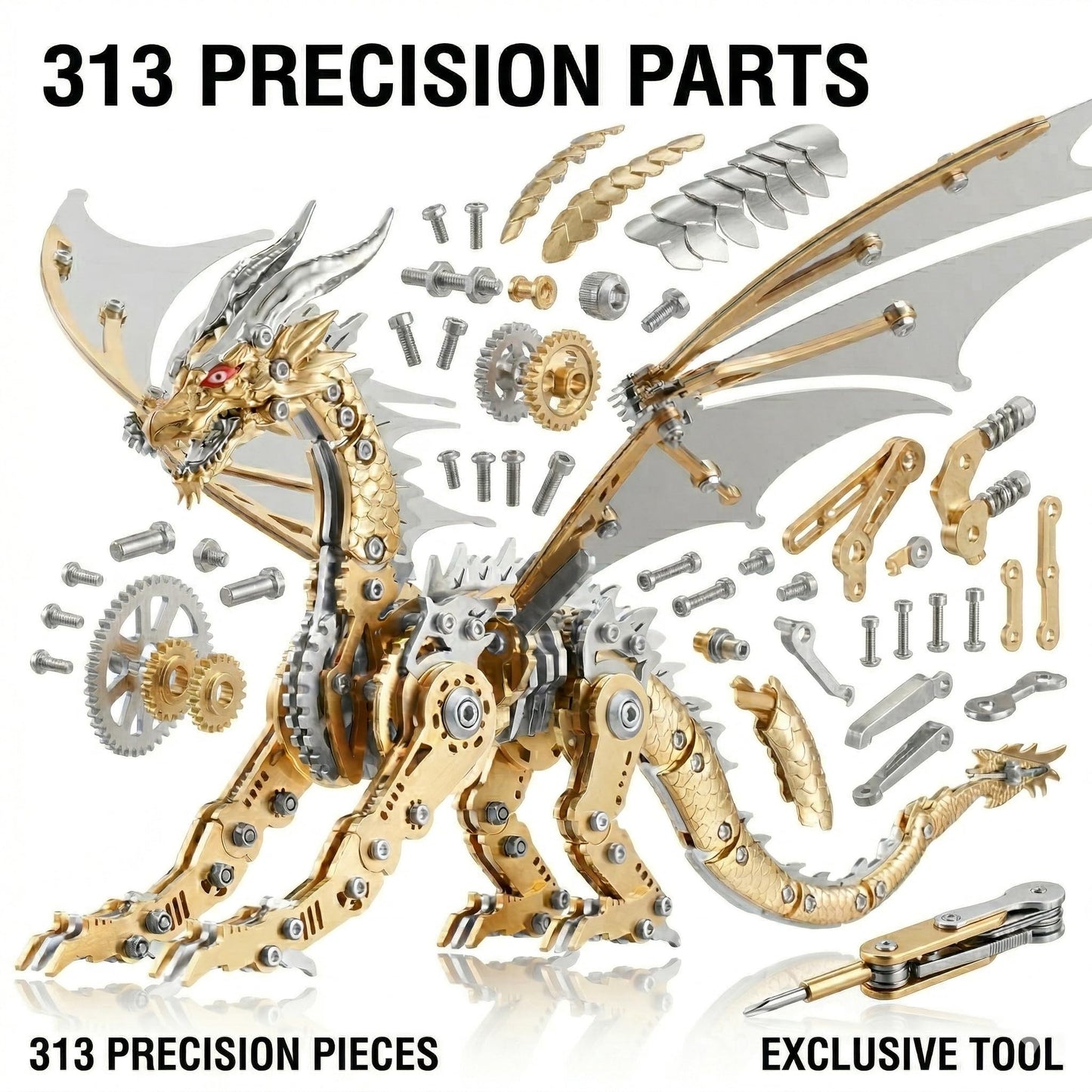 LONGPIN 3D Model Kits for Adults,Metal Dragon Puzzle Building Set,Collectible Mechanical Engineering Crafts for Home Office Decoration & Gift(Golden)
