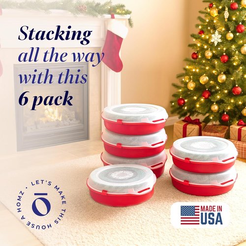 HOMZ 6-Pack Holiday Wreath Storage Organizers - 24 Inch Red & Clear Stackable Plastic Containers
