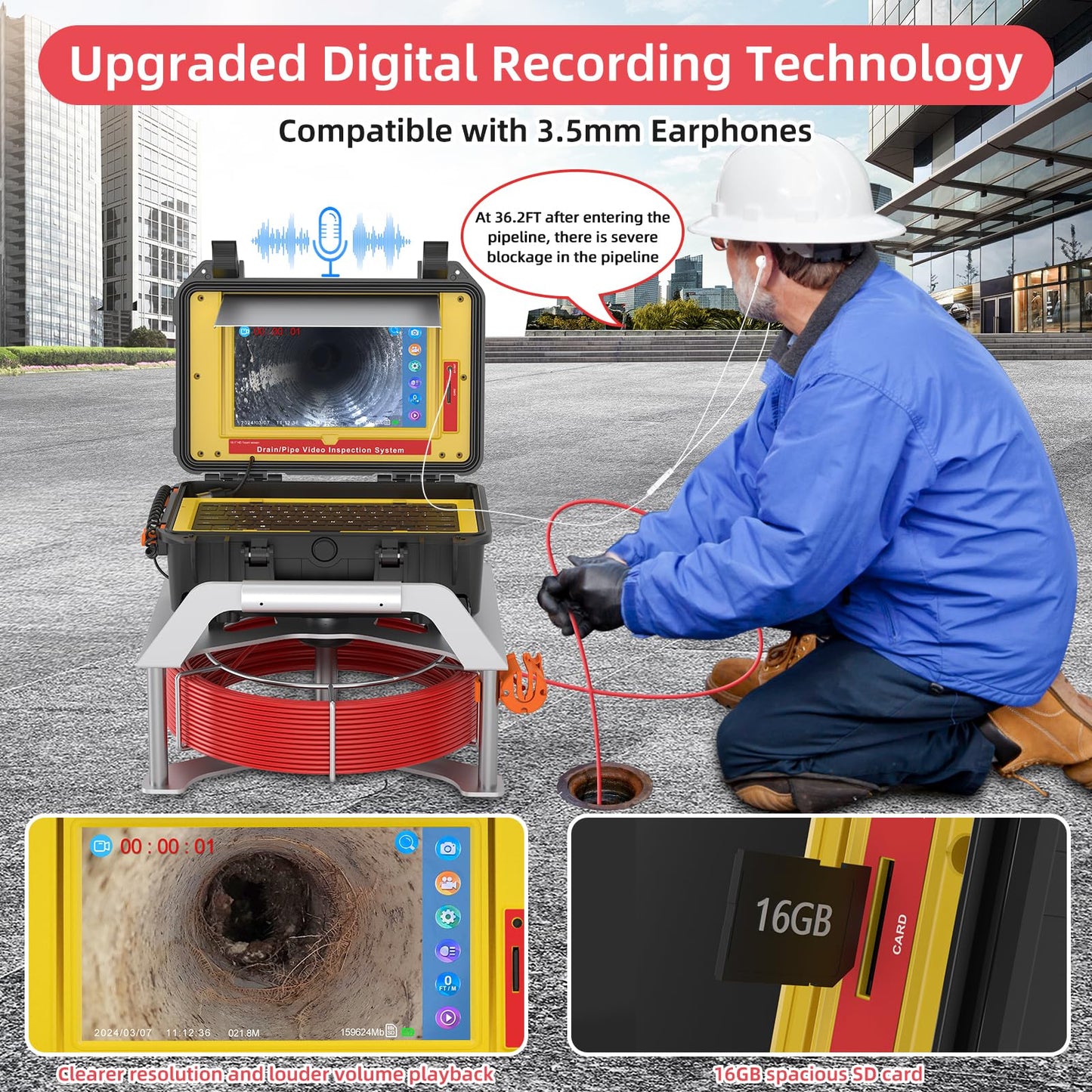 Sanyipace 7MM Cable Sewer Camera with Locator, 165FT/50M Drain Camera with 512Hz Transmitter, Self-Leveling Inspection Camera with Distance Counter, 10.1" Touch Screen, Wireless Keyboard, 32GB Card