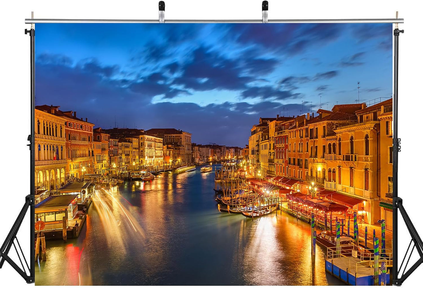LidyMini 10x7ft Fabric Venice Grand Canal Night Backdrop Historic Palaces Gondolas Light Trails Photography Background