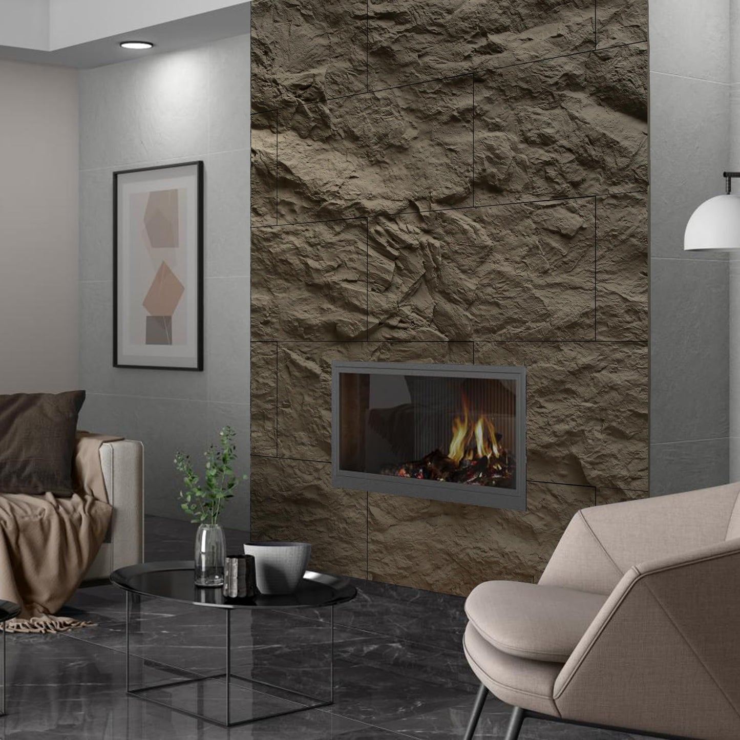 KASARO 3D Faux Stone Wall Panels, 4 PCS PU Wainscoting Panel for Interior Wall Decor, Cement Texture Thicker Accent for Home, Office, 43.3 × 23.6 inch, Grey