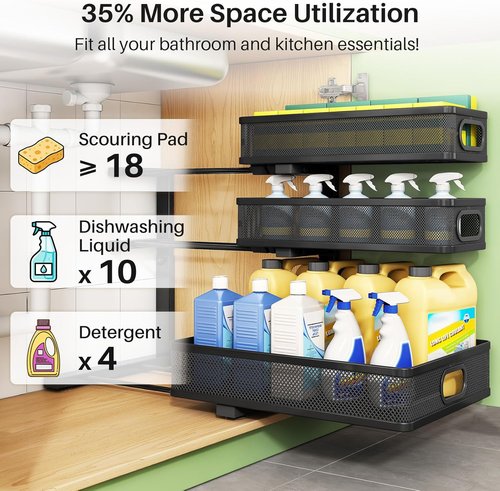 Kitstorack Under Sink Organizer - 3-Tier Height Adjustable Metal Pull-Out Shelf | 2-Pack for Bathroom & Kitchen Storage