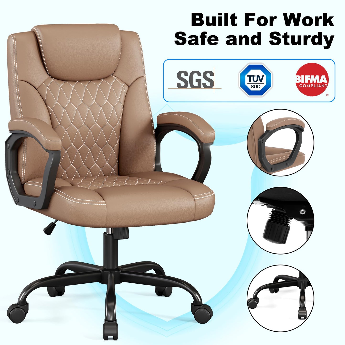 Misolant Office Chair, Executive Desk Chair, PU Leather Comfortable Ergonomic Chairs with Fixed Armrest, Adjustable Height, Rocking Function, 360° Swivel Wheels, Brown