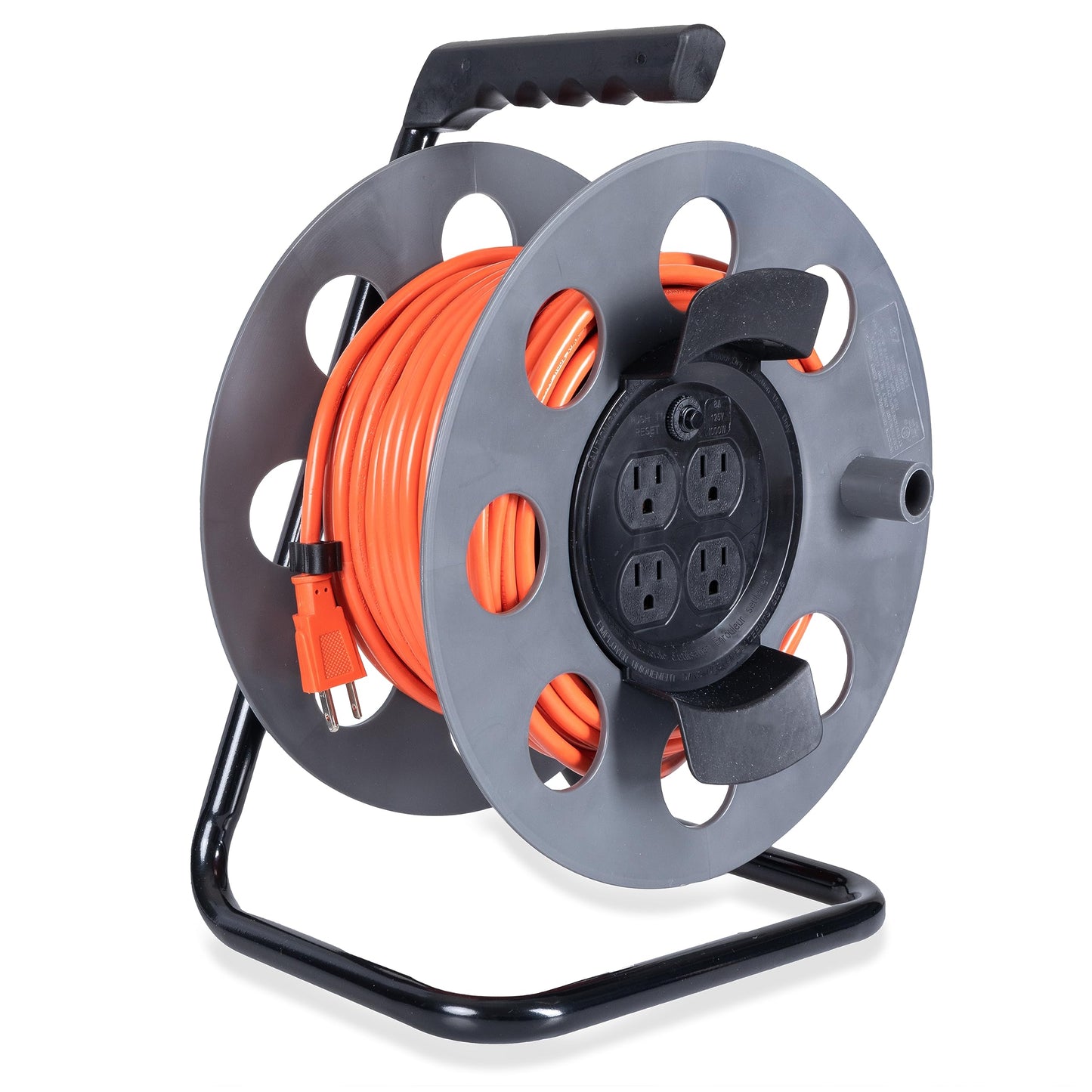 Iron Forge Cable 50 Ft Outdoor Extension Cord - 3 Outlets - 12/3 SJTW Heavy Duty Yellow 3 Prong, 15 AMP & 75 Ft Extension Cord Reel with 4 Electrical Outlets & Breaker Switch - 16/3 SJTW Orange Cable