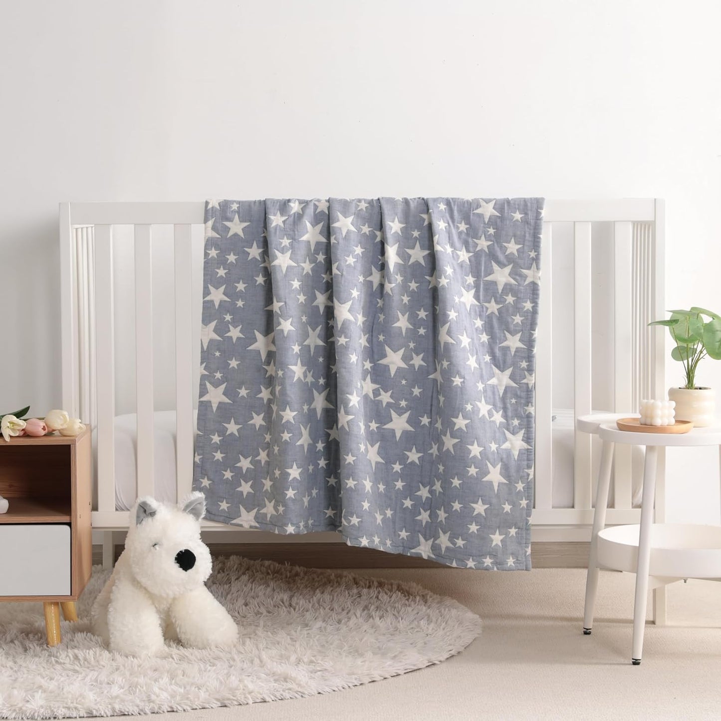 NTBAY Oversized Muslin Cotton Toddler Blanket - Super Soft Reversible Nursery Bed Blanket, 45"x60", Blue/White Star