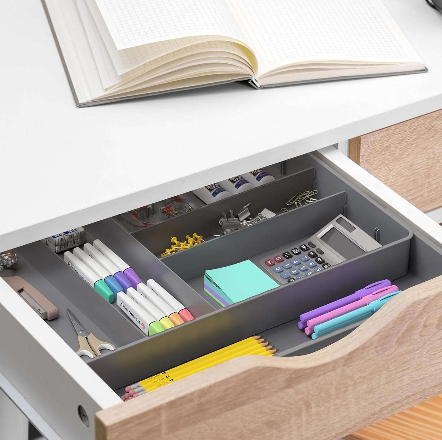 Simple Houseware Flatware Organizer - Adjustable Gray Cutlery Tray with 9 Compartments for Utensils