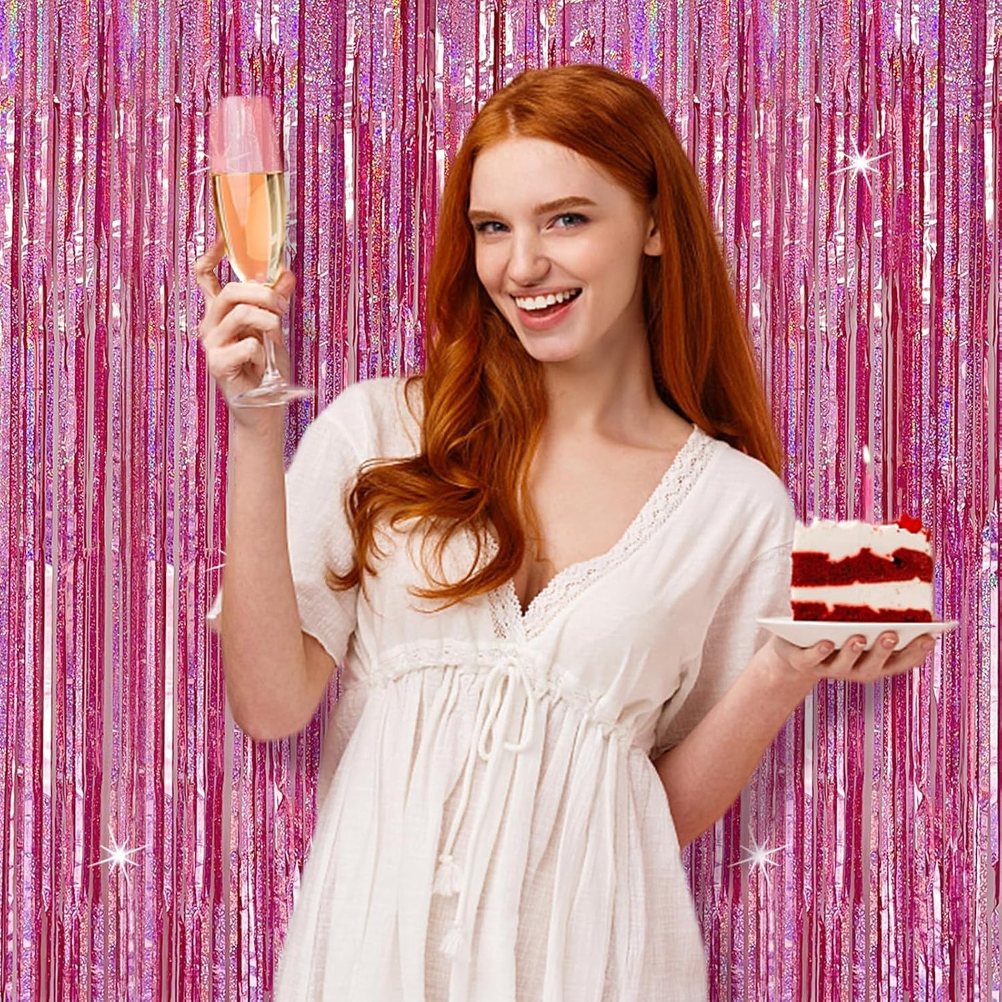 Skiennix Tinsel Curtain Backdrop - Pink Glitter Foil Fringe for Birthday & Party Decor | 5 Packs