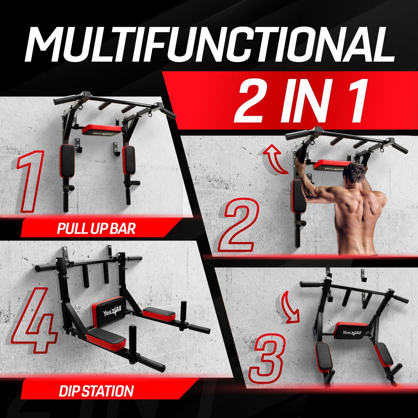 Yes4All Multifunctional Wall Mounted Pull Up Bar Chin Up Bar Dip Station for Home Gym Workout, Power Tower Set Training Equipment Fitness Supports 515 lbs