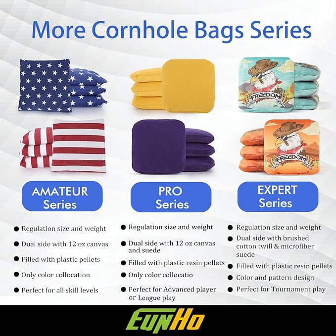 EunHo Dual Sided Cornhole Bags Regulation Set of 8 Professional Cornhole Bean Bags Slick and Stick for Tossing Game-All Weather