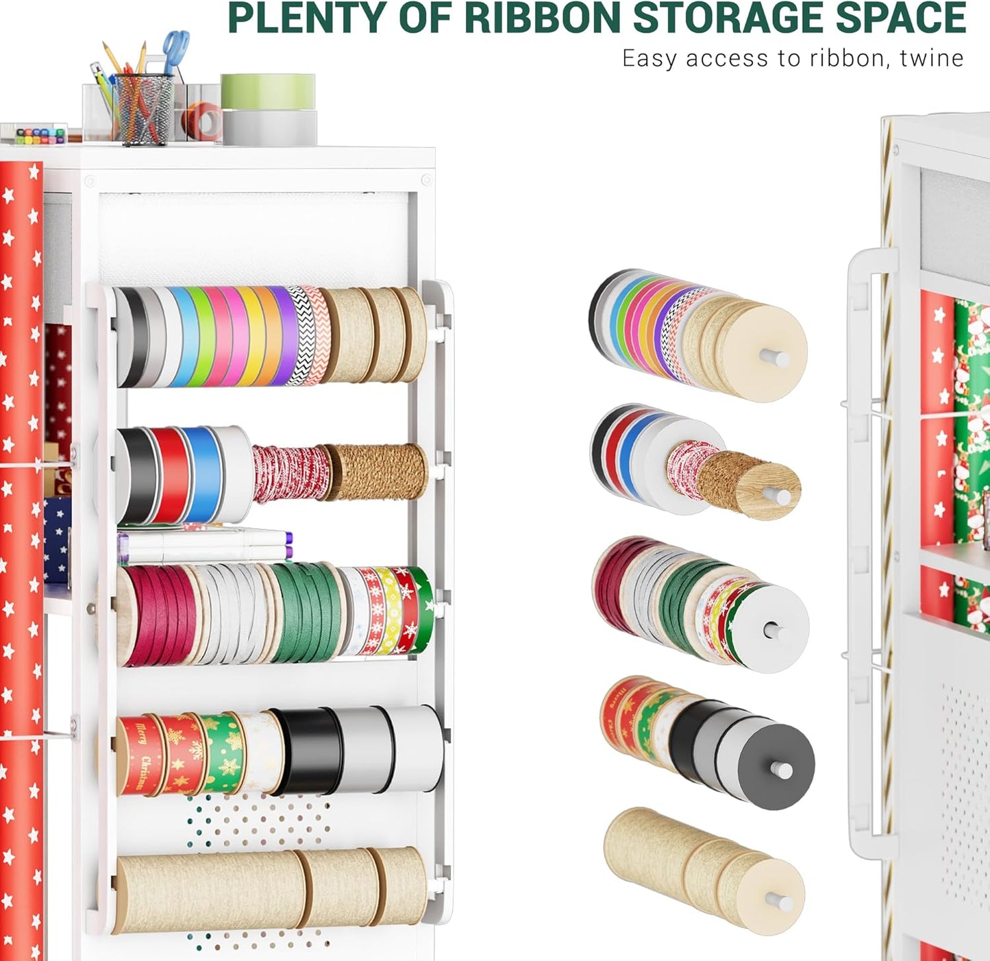 PUNLUXU Wrapping Paper Storage Cart - Rolling Gift Wrap Station with Ribbon & Gift Bag Organizer