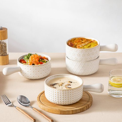MALACASA French Onion Soup Bowls with Handles - 20 oz Oven Safe Bowls Soup Crocks for Chilli, Beef Stew, Cereal & Pasta - 5 Inch, Set of 4, Series LYDIA