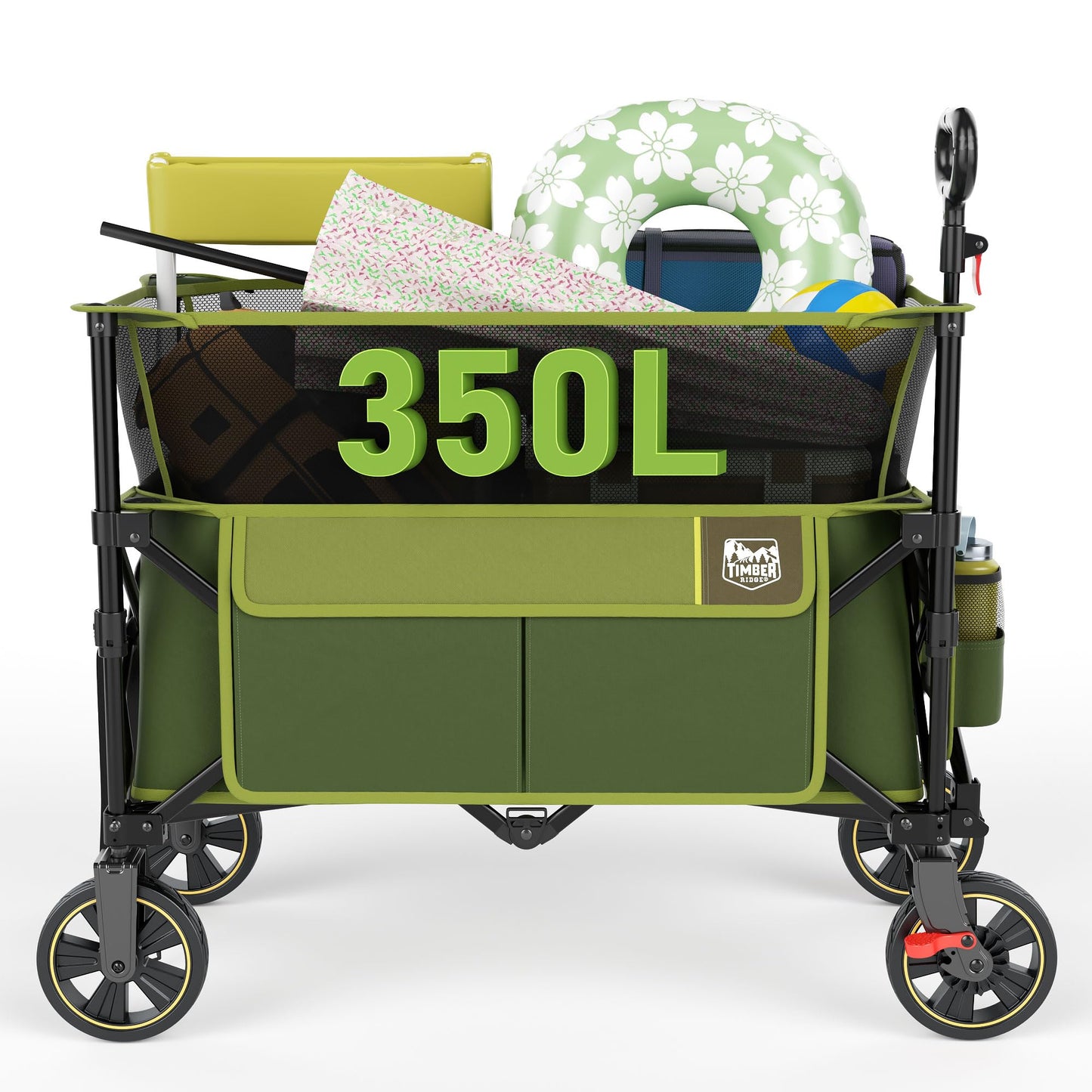Timber Ridge Collapsible Folding Wagon 350L Extra Large with Brake, Heavy Duty Camping Utility Cart Outdoor, Extended Height Adjustable Handle, Cup Holders, Side Bag, Green