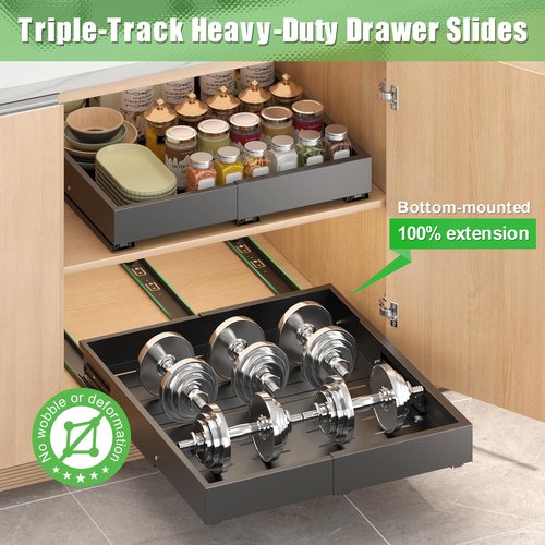 2 Pcs Pull Out Drawers for Cabinets Organizer Expandable Width(11.8"-19.4"), Depth(16.45"-21.7") With 3 Rails, No Drill Roll Out Drawer, Adhesive Sliding Drawers for Kitchen Pantry Storage (Black)
