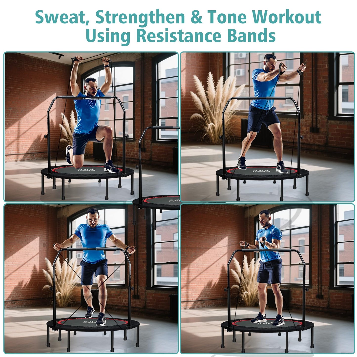 RAVS Mini Trampoline for Kids Adults 40"/48" Foldable Fitness Rebounder Kids Trampoline with 5 Levels Height Adjustable Handle Resistance Bands Indoor Workout