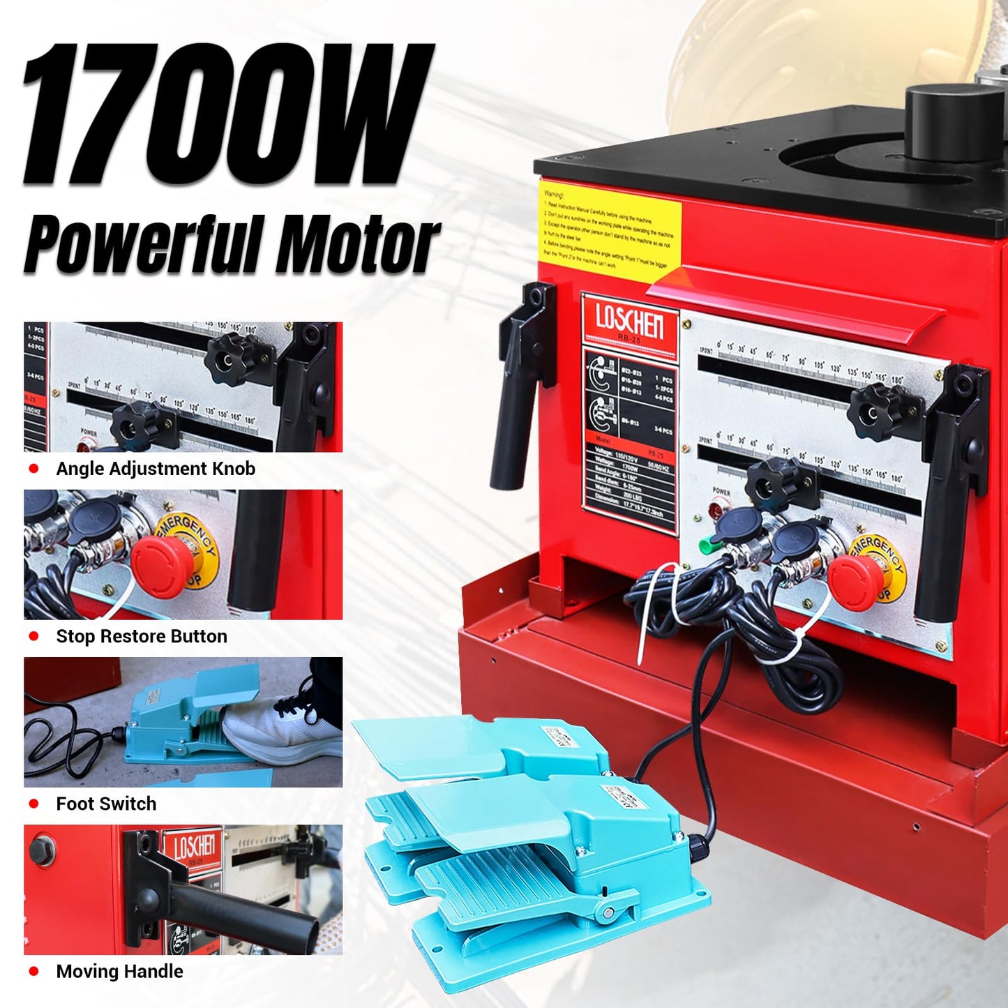 LOSCHEN Electric Hydraulic Rebar Bender,Bending Angle 0-180 Degrees,Bending up to 1 Inch #8 6-25mm Rebar,with Foot Pedal,Bending Rebar, Steel Bar, Steel Rod,1700W Desktop Electric Rebar Bender