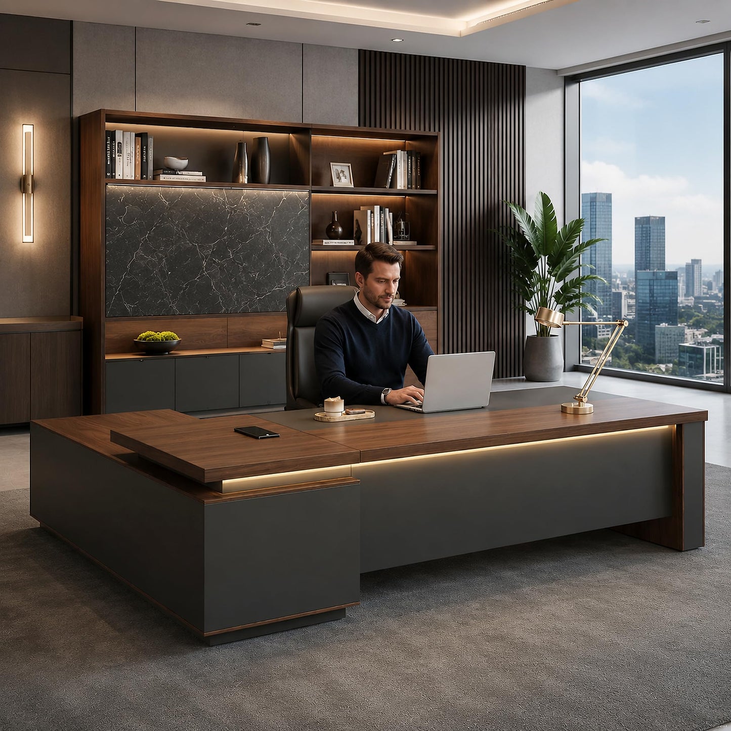 ZIMASYA Compact Reversible L Shaped Executive Desk for Manager, Home Office Desk with Power Outlet & USB Ports, LED Ambient Lighting, Storage Cabinet (Red Walnut/Graphite Gray, 95" L*71" W*30" H)