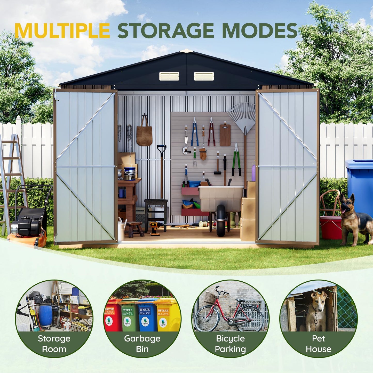 Breezz 10x12 FT Outdoor Storage Shed with Skylight Roof Panels, Metal Garden Tool Shed with Lockable Doors and Windows, Large Utility Shed for Patio Backyard Storage, Brown