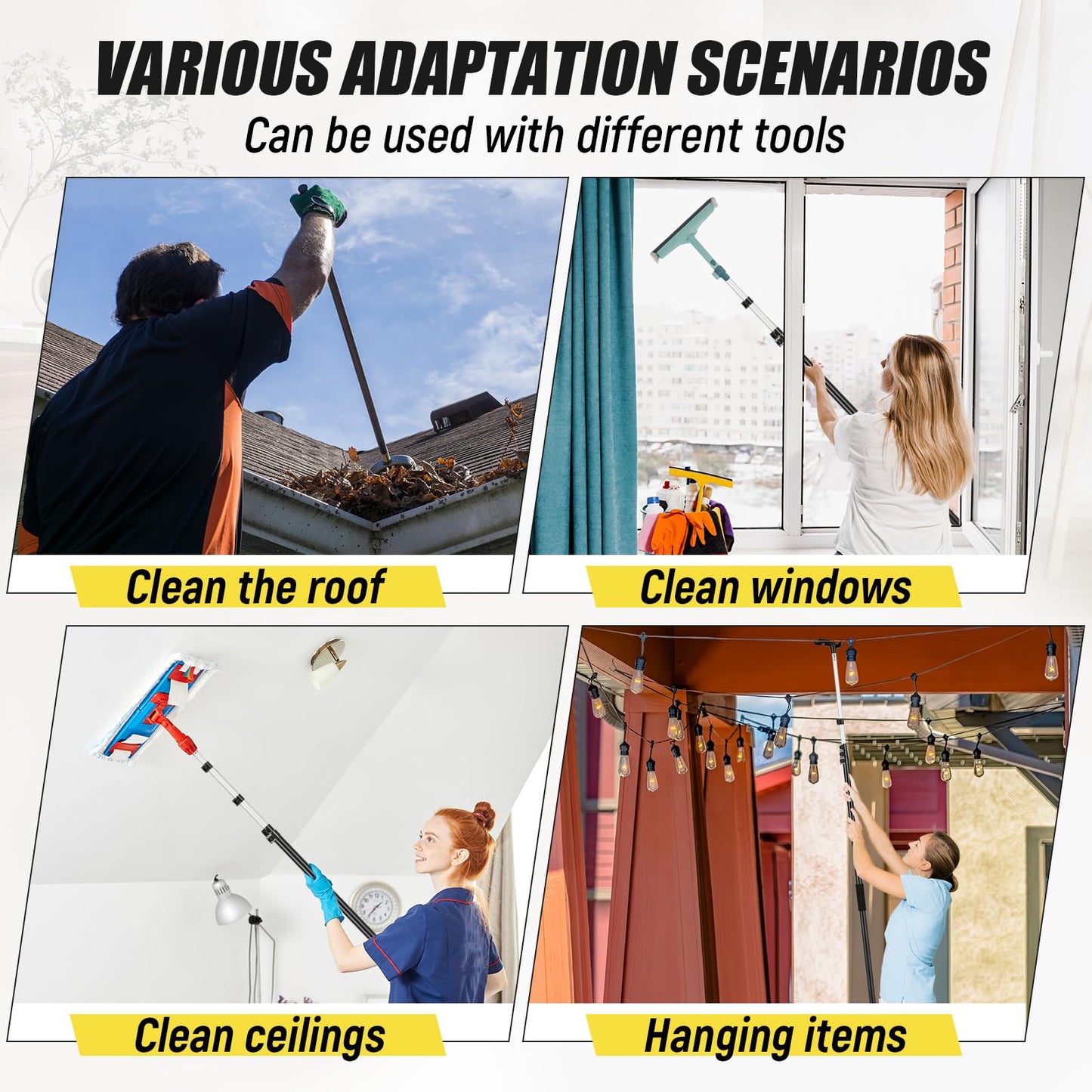Leriton 7-30 ft Telescopic Extension Pole with Utility Hook, Multi-Purpose Aluminum Pole for Painting, Dusting and New Year Window Cleaning Christmas Lights Installation Without a Ladder (Black)