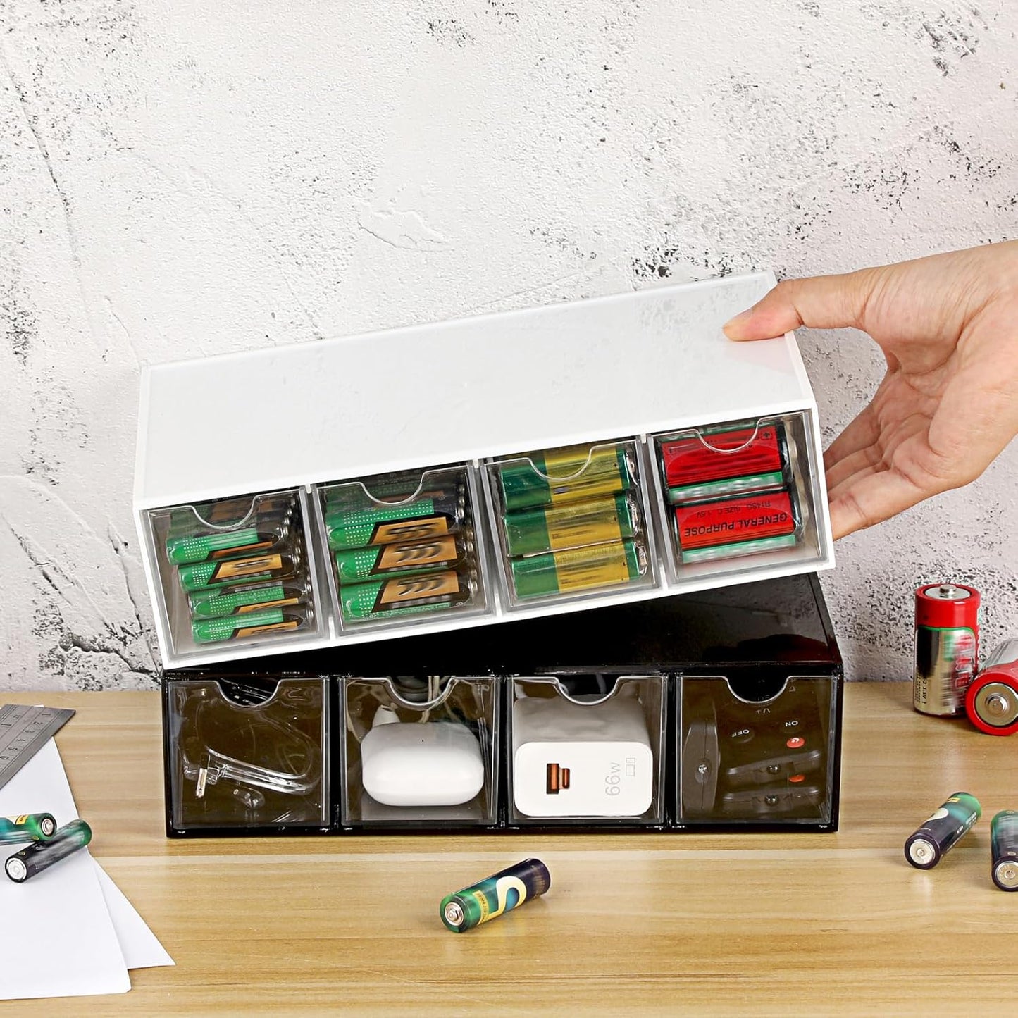 1 Pack 9V, 4-Drawer Common BTSKY Black Acrylic Battery Storage Organizer for AA, AAA, C Batteries, Storage Box Battery