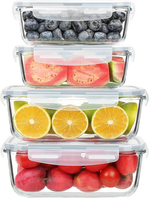 KOMUEE Large Glass Food Storage Containers Set - 4 Pack, Airtight, BPA-Free, Oven & Microwave Safe