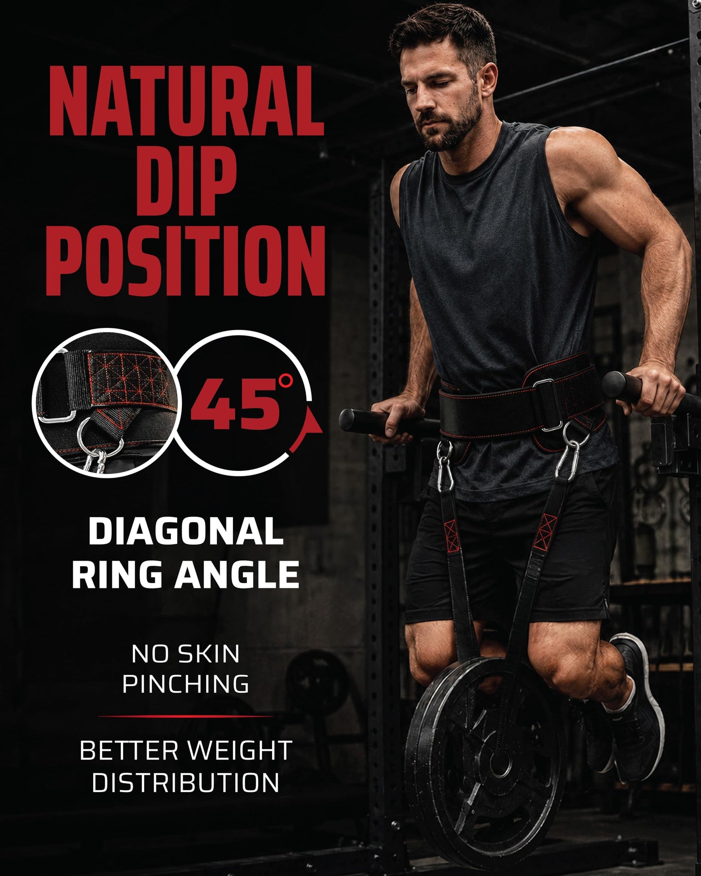 THEFITGUY Dip Belt with Strap – No Slip Secure Closure | 250lb Heavy Duty | Belt Squat Attachment, Weighted Dips, Pull Ups | Structured Back Support | 45-Degree Angle Rings, 2 Snap Hooks Included