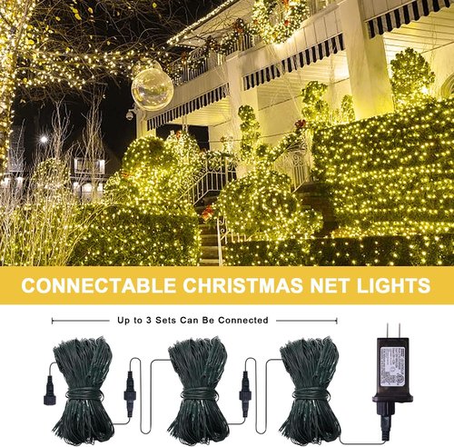 JMEXSUSS 360 LED Christmas Net Lights - Waterproof Connectable 12ft x 5ft Mesh Lights | Warm White with Remote