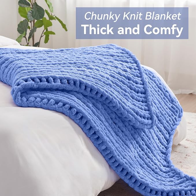 Negwoo Chunky Knit Throw Blanket, 50''*60'' Knitted Throw Chenille Yarn for Bed Couch, Handmade Light Blue Crochet Big Thick Blanket, Machine Washable Cute Comfy Blanket for Home Decor