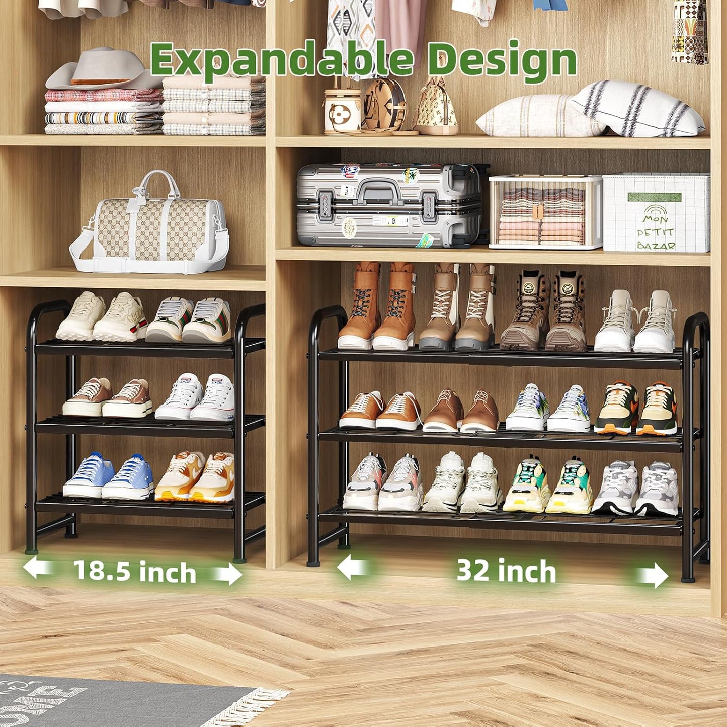 Simple Trending 3-Tier Expandable Shoe Rack - Stackable Metal Organizer for Closet & Entryway, Black