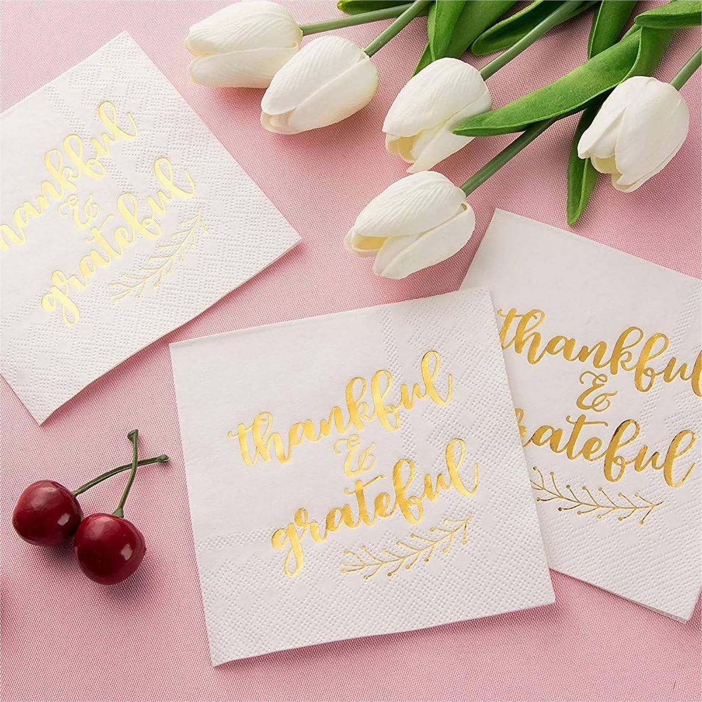 50 Pack Thanksgiving Cocktail Napkins Party Supplies Table Decorations, Thankful and Grateful (5 x 5 In)