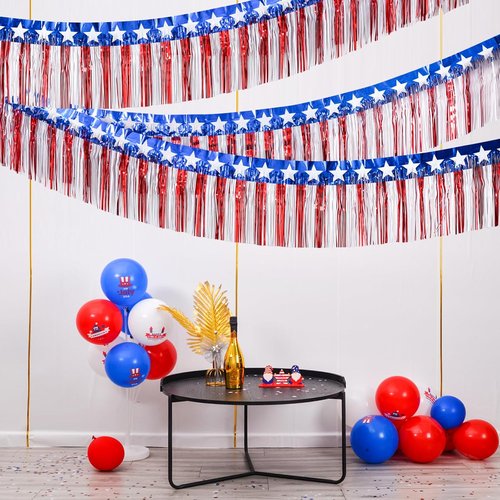 Mega-L 4th of July Decorations - 39 Feet Red, White & Blue Foil Fringe Garland & Tinsel Streamers