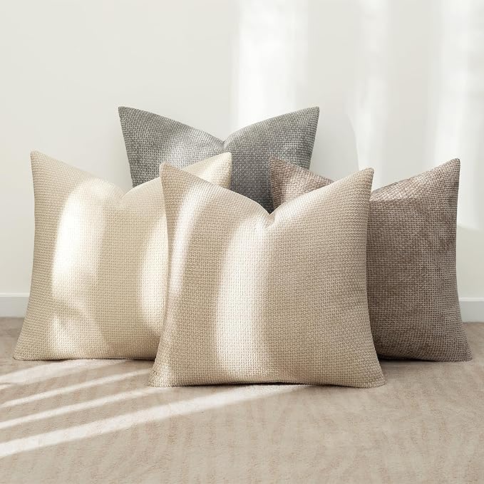 MIULEE Pack of 4 Couch Throw Pillow Covers 20x20 Inch Neutral Beige/Brown Soft Decorative Chenille Pillow Covers Farmhouse Accent Cushion Covers for Boho Spring Home Decor Sofa Bedroom Living Room