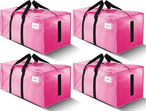4 Pack Large Moving Bags by [Brand Name] - Heavy Duty Water-Resistant Storage Totes | Space-Saving Design (Pink)