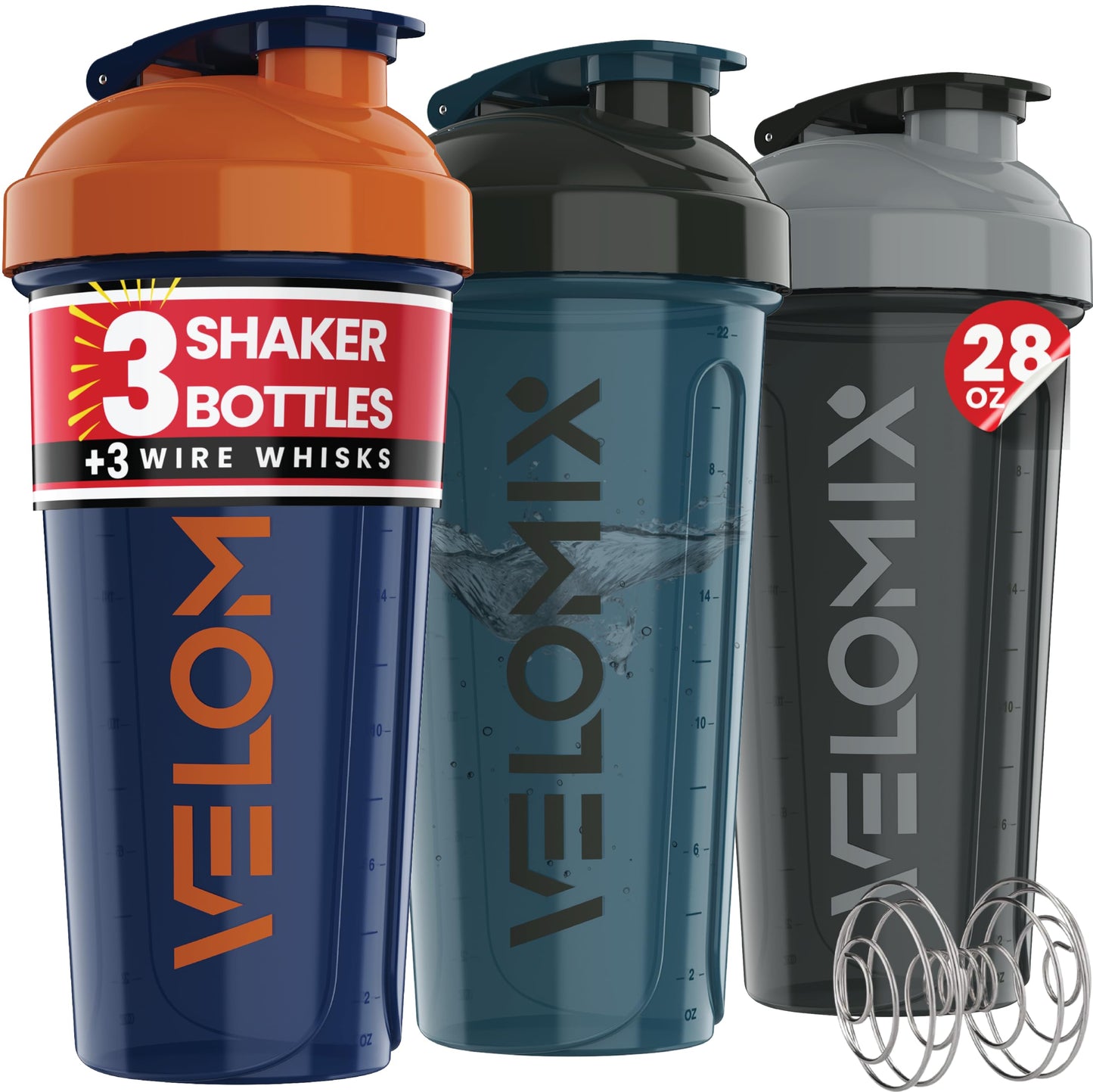 VELOMIX -3 PACK- 28 oz Protein Shaker Bottle for Protein Mixes - 3x Wire Whisk | Leak Proof Shaker Cups for Protein Shakes | Stackable Protein Shaker Bottle Pack | Dishwasher Safe (ColorBurst Set)