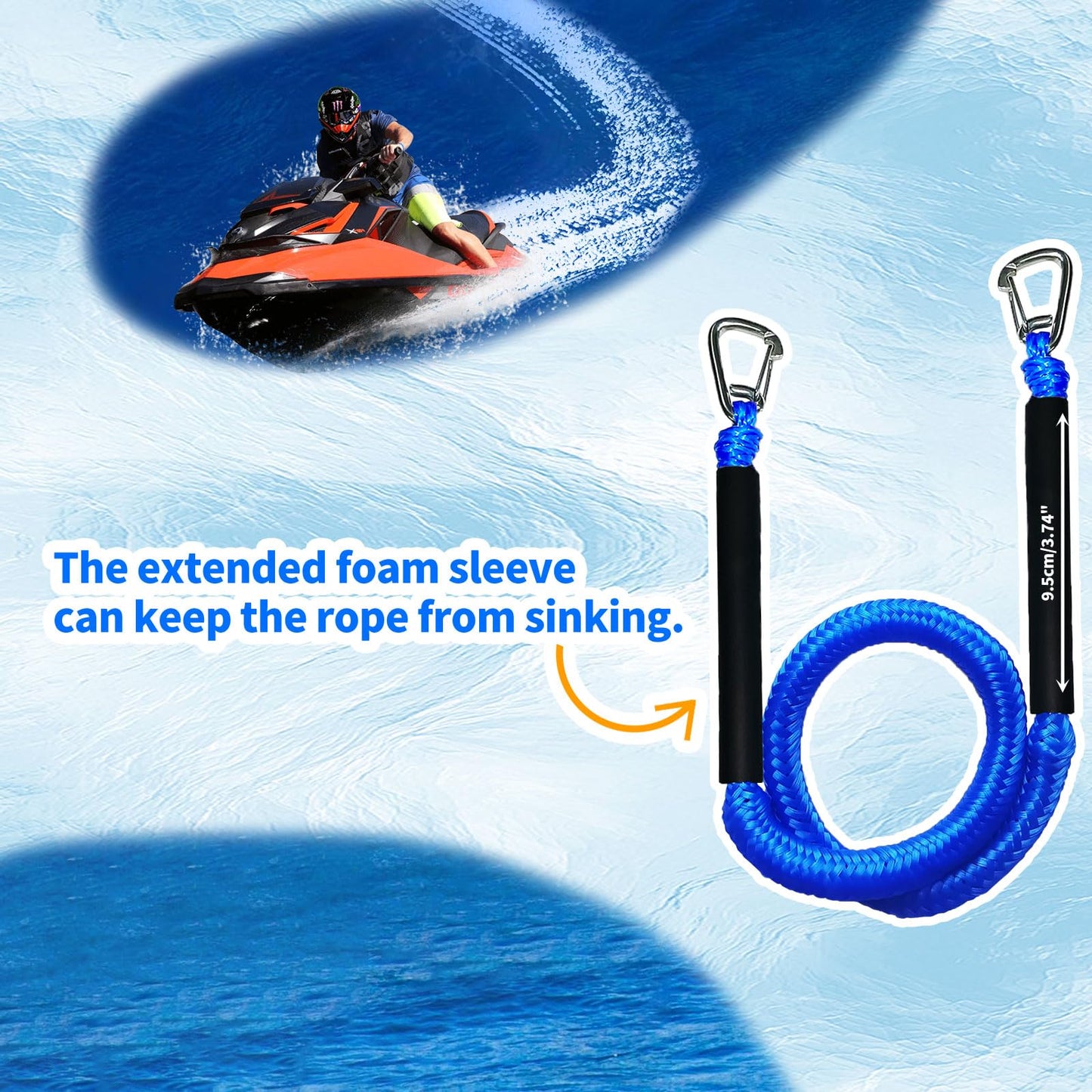 ZRSCHYG Blue Bungee Dock Lines 2-Pack with Double Hooks & Floating Tubes – Heavy Duty Boat Ropes for Jet Ski, Pontoon, Kayak – 4ft to 6ft, 316 Stainless Steel, Shock Absorbing