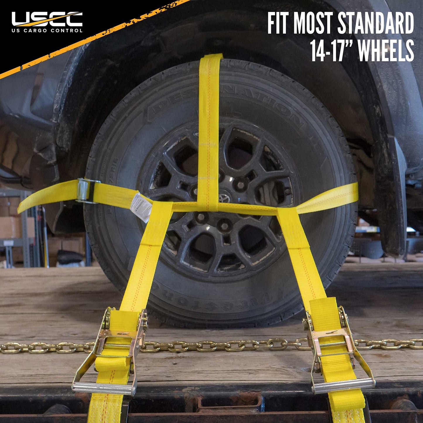 US Cargo Control Side Mount Wheel Net with Cam Buckle,Two Ratchets and Chain Extensions, Easy to Use Wheel Strap for Vehicle Tie Down Applications, Durable Polyester Webbing, 2 Pack