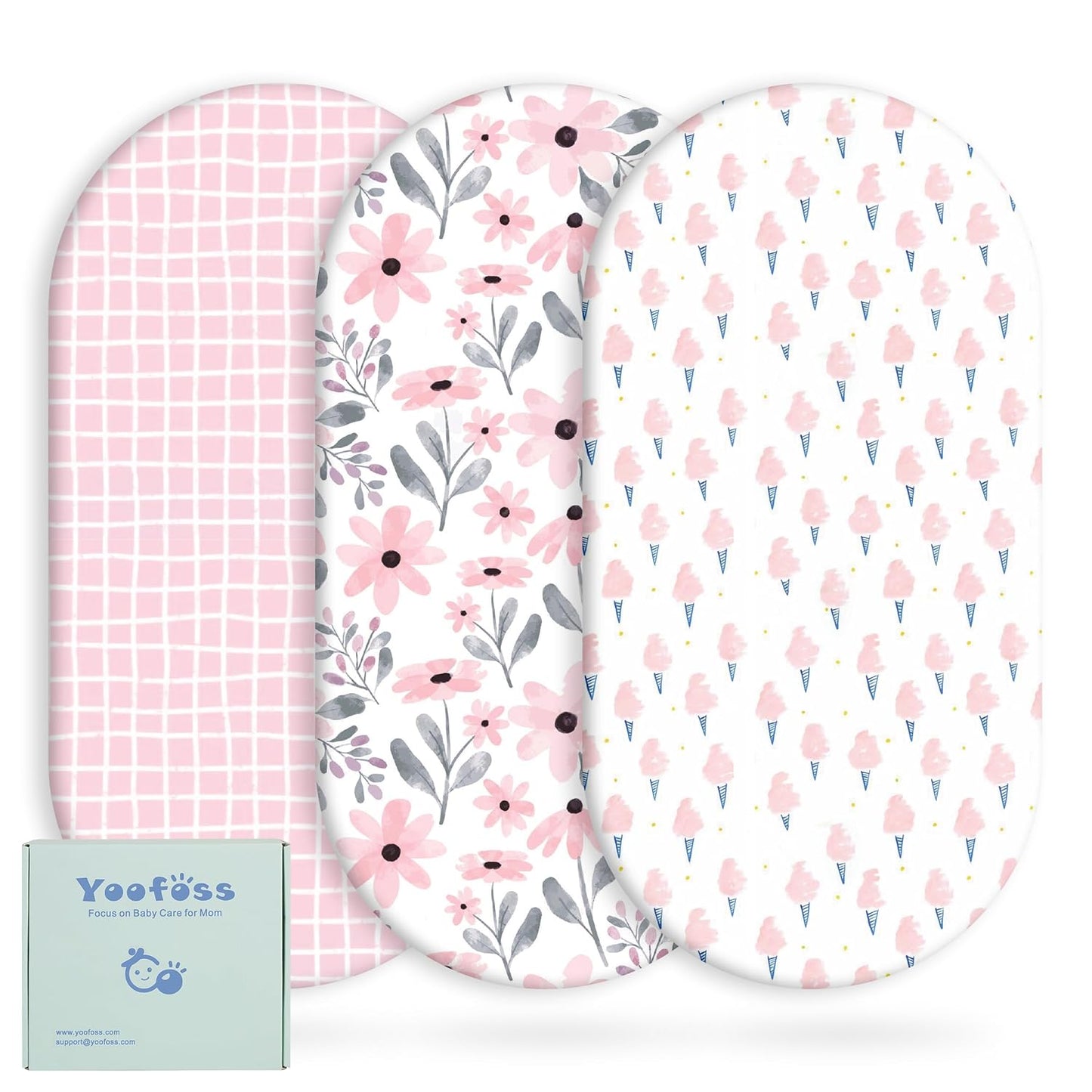 Yoofoss Bassinet Sheets - 3-Pack Fitted Sheets for Halo Bassinest | Soft & Breathable (Pink & Floral)