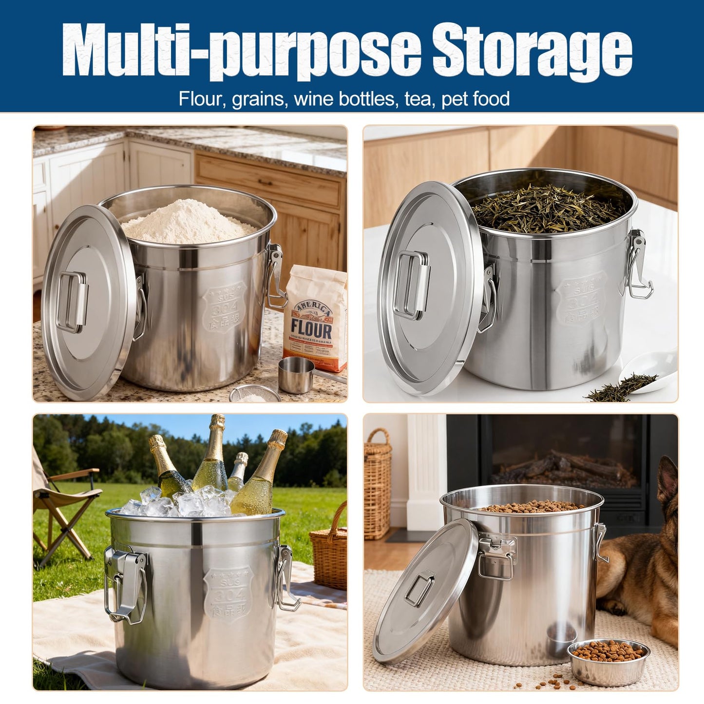 YinCukiEle 5.55Gal/21L Stainless Steel Airtight Canister, 304 Stainless Steel Food Storage Container, 710.4oz Large Metal Bucket with Lid and Lock Clips for Coffee Beans, Flour, Tea, Sugar, Cereals