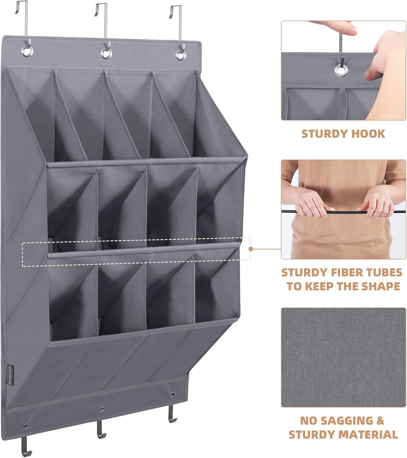 Storage Maniac Over Door Shoe Organizer - 12 Large Pockets for Efficient Closet Storage | Grey