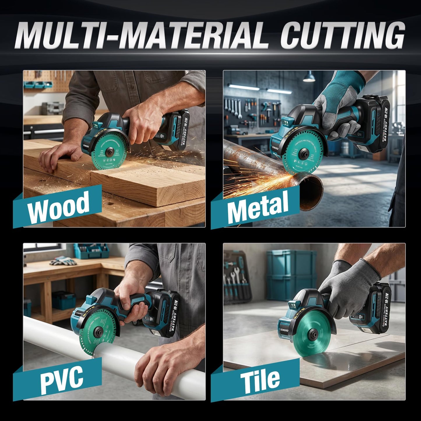ISINGROWTH Cordless Cut Off Tool with 2 Batteries, 4-Inch 21V Brushless Mini Saw Kit, 3-Speed Multi-Material Cutter for Metal Wood Tile PVC, LED Light for DIY Repairs