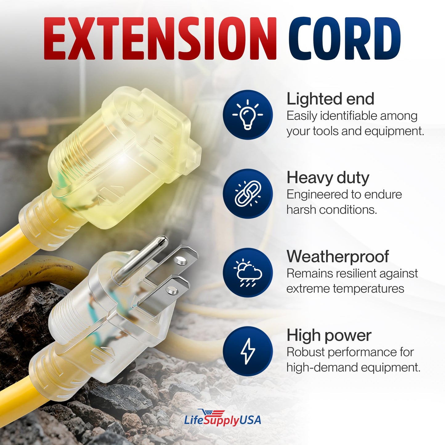 200ft Outdoor/Indoor Extension Cord 12/3 Gauge Extra Heavy Duty 3 Prong SJTW, Waterproof, Flexible Cold-Resistant Long Power Cord,8A 125V 1000W, Yellow by LifeSupplyUSA