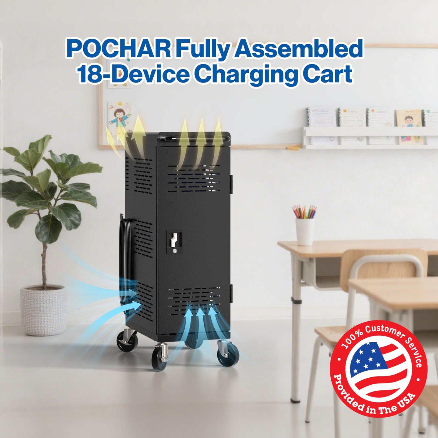 Fully Assembled 18-Device Charging Cart for Chromebook - Locking Laptop Cabinet with Cable Management, Cord Organization, Power Strip - Locks and Stores Tablets up to 14'' and 1.4'' Thick (Black)