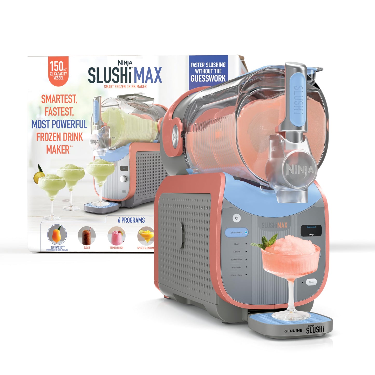 Ninja SLUSHi Max XXL Smart Frozen Drink Maker, Top Performance and Smart Technology, Party Size 150 Ounces Capacity, No Ice Needed, 6 Programs, Ideal Temp and Texture up to 12 Hours, Peach, FS605
