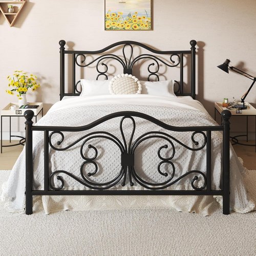 LOEWAY Queen Size Metal Platform Bed Frame - Butterfly Pattern Headboard & Footboard | Strong Slats, Easy Assembly, Noise-Free, Black